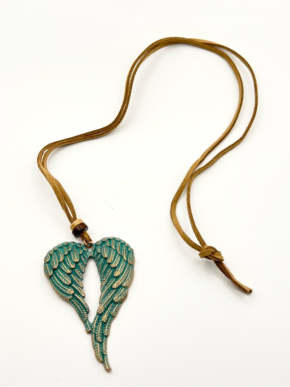 Turquoise Patina Angel Wing Pendant Necklace on Brown Suede Cord